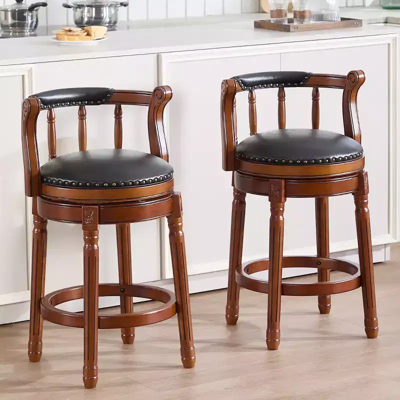 Seat Height 26'' Swivel Leather Wooden Bar Stools, 360 Degree Swivel Bar Height Chair with Backs