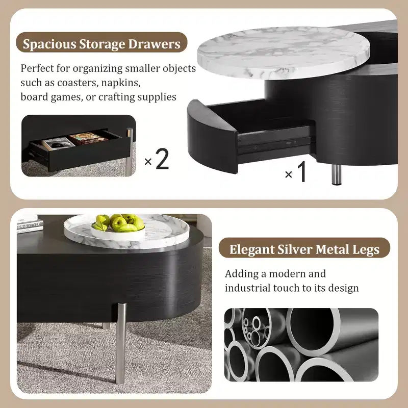Lift Top Coffee Table Wooden Center Table with 360 Marble-patterned Rotating Tray, 3 Drawers and Hidden Compartment, Brown/Black-ModernLuxe