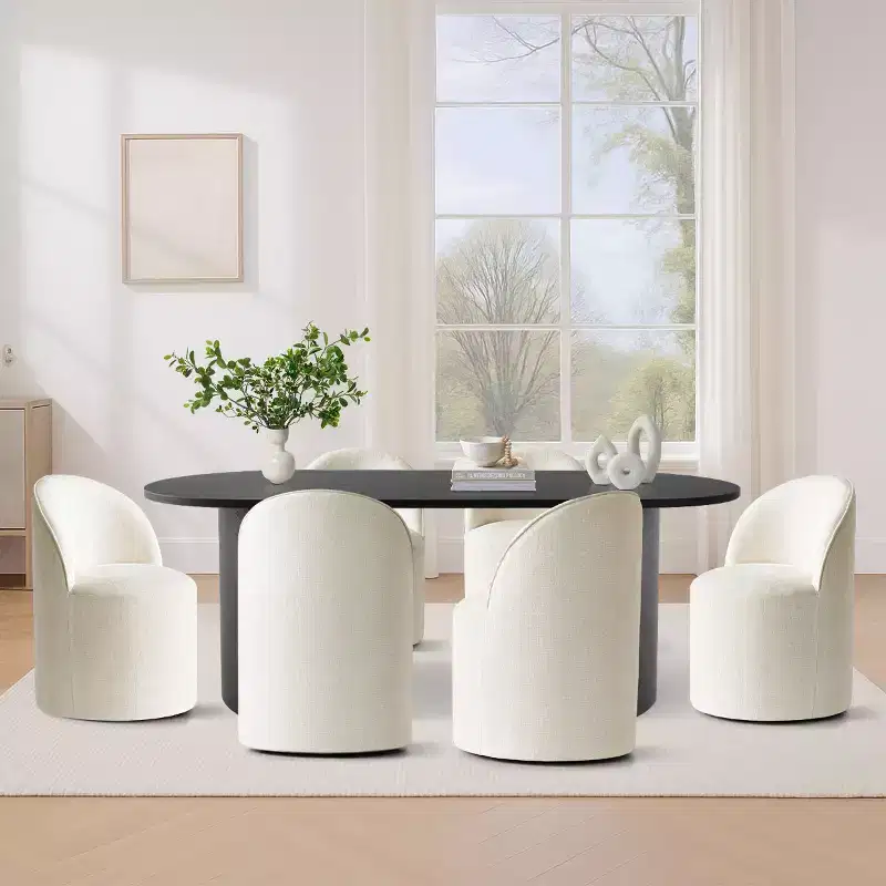 7-Piece Dining Set for Kitchen, Black Oval Table and Chenille Barrel Chairs, Modern Dining Room Furniture - Panipeachy