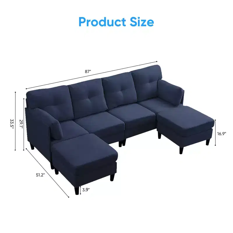 Mjkone Modular Convertible Sectional Sofa Couch, Upholstered Comfy Fabric 4-Seater Sofa with Movable Ottomans