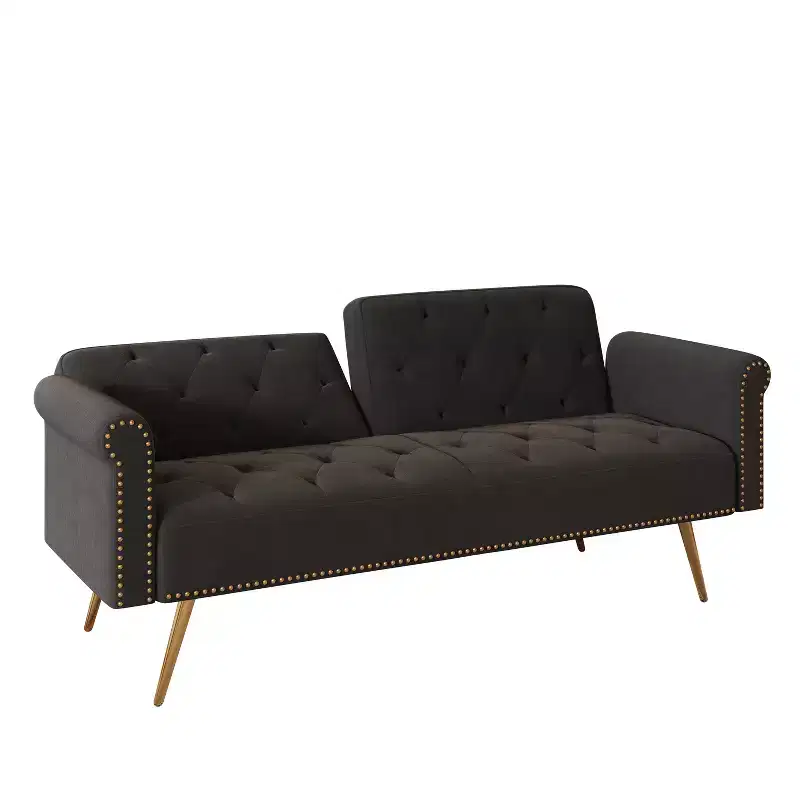 Black Velvet Fabric Sofa Featuring Nail Head Trim and Accompanied By A Matching Throw Pillow