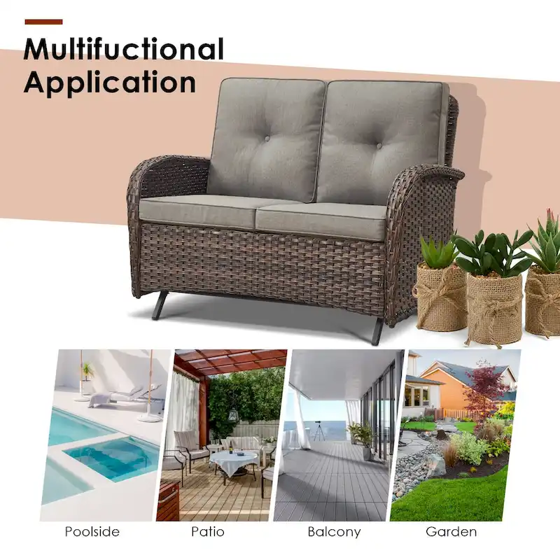 Patio Glider Sofa and Swivel Chair with Ottoman - Brown