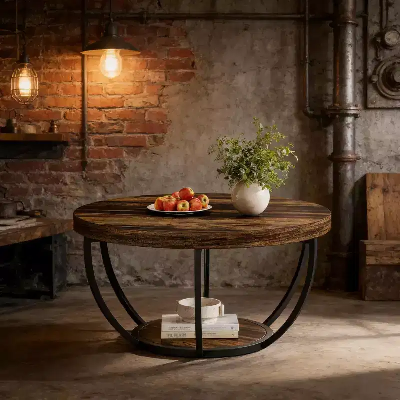 2-Tier Round Wood Coffee Table, 6-Arc Steel Frame, 31.5