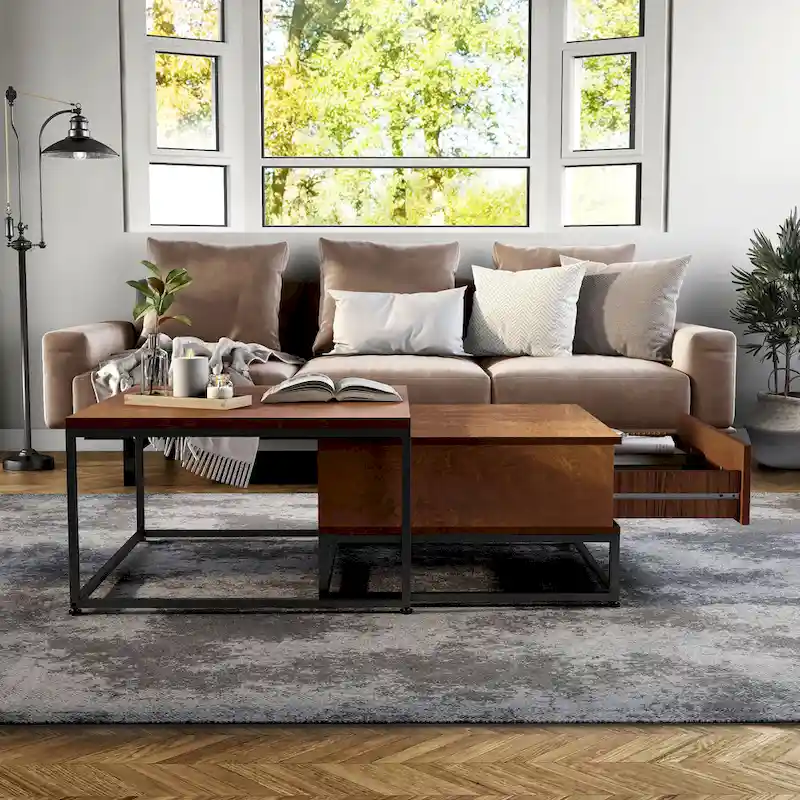 Saxon Rustic Brown Square 2-Piece Solid Wood Coffee Nesting Tables with 1-Drawer by Furniture of America