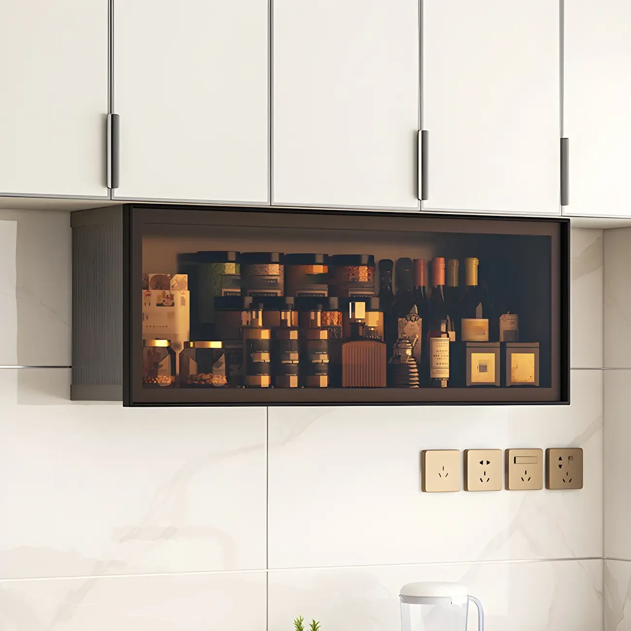 Grey Metal Floating Mounted Glass Kitchen China Cabinet