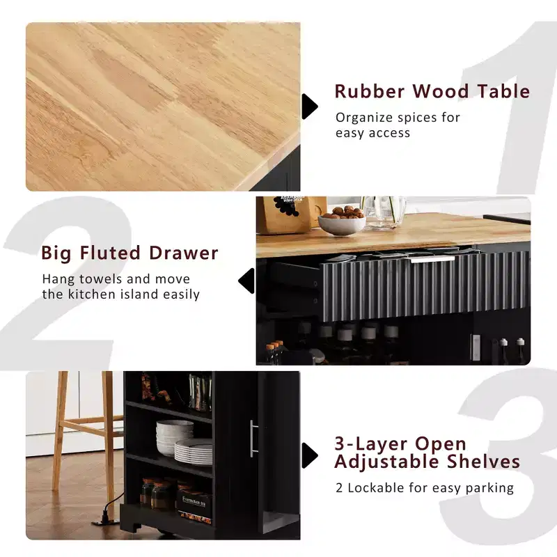 Whisen Classic Style Kitchen Islands on 5 Wheels with 3 Drawer and 3 Open Side Racks