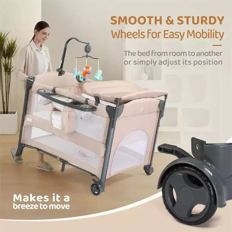 3-in-1 Baby Bassinet Crib Bedside Sleeper – Beige with Hanging Bag & Changing Table