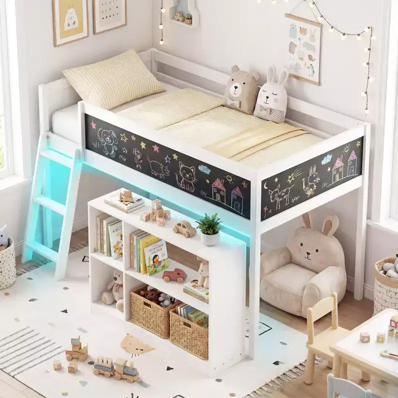 Costway Kids Loft Bed w/LED Lights Chalkboard & Removable Bookcase Safety Guardrail