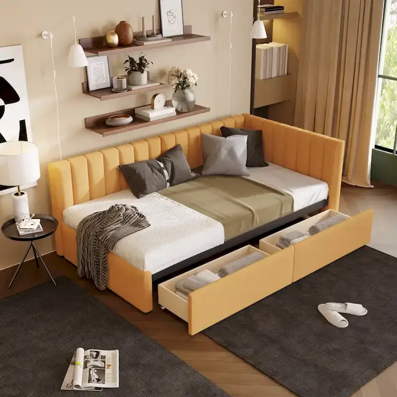 Yellow Linen Twin Upholstered Daybed with Storage Drawers - No Box Spring Required