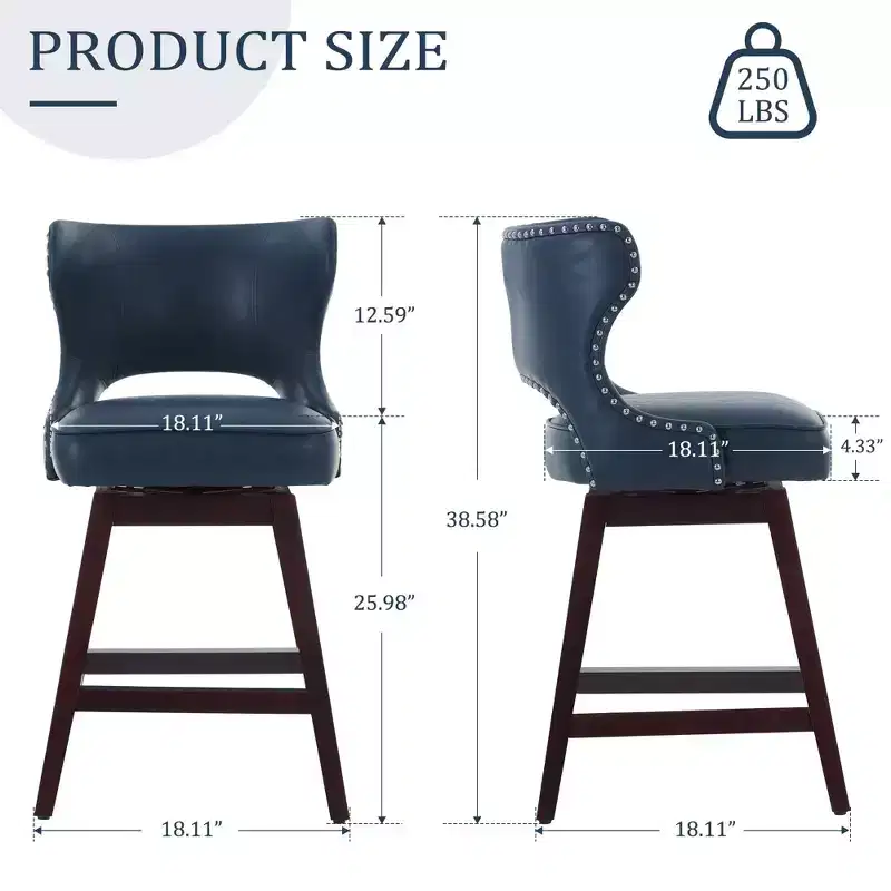 Swivel Nailhead Counter Bar Stools Set of 2 Upholstered 360° Solid Wood Legs 26