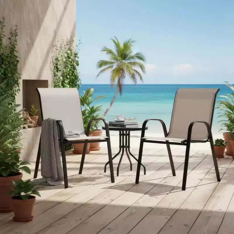 Royal Hampton Outdoor Stacking Chair Set of 2, Beige Mesh Fabric, Black Metal