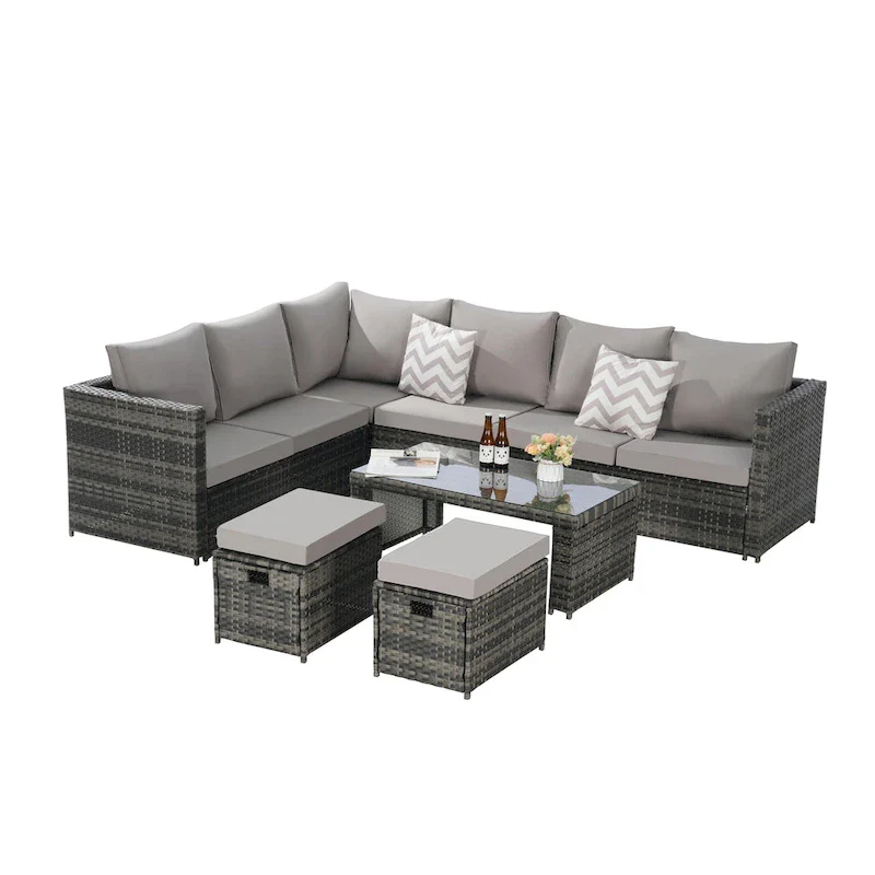 6-Piece Rattan Sectional Sofa Set with Glass Table