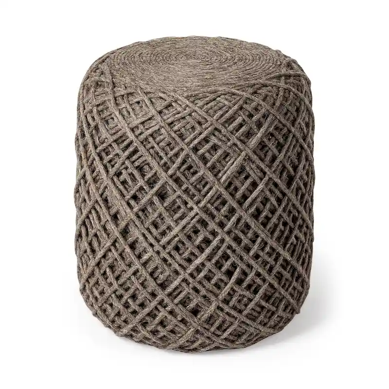 Handwoven Brown Wool Round Pouf with Diamond Weave Pattern