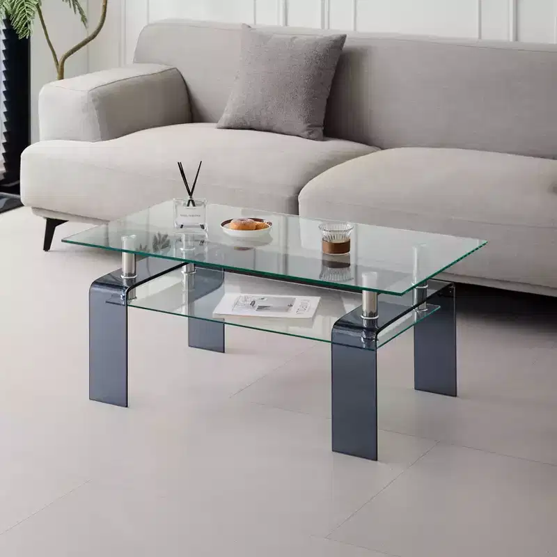 Tempered Glass Coffee Table, 2-Tier Modern Center Table with Storage and Smoke Gray Legs for Living Room