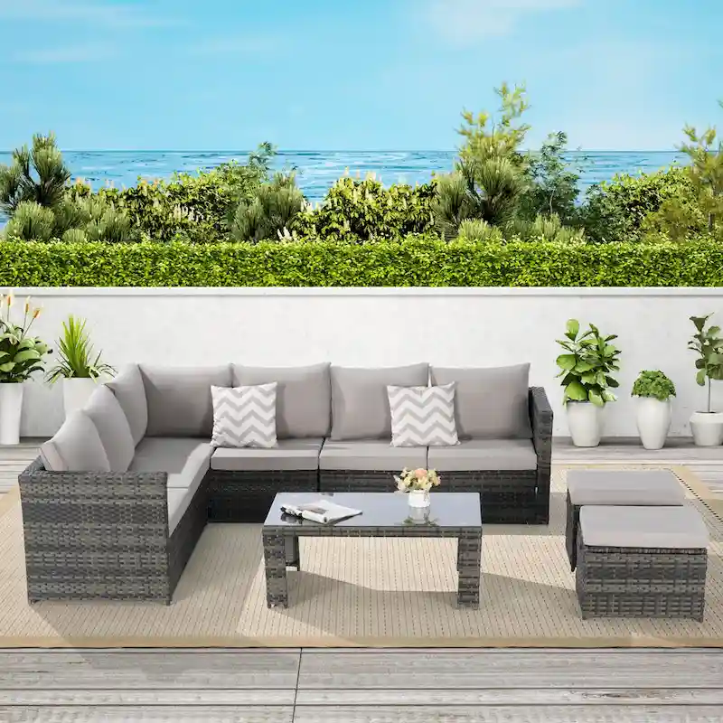 6-Piece Rattan Sectional Sofa Set with Glass Table