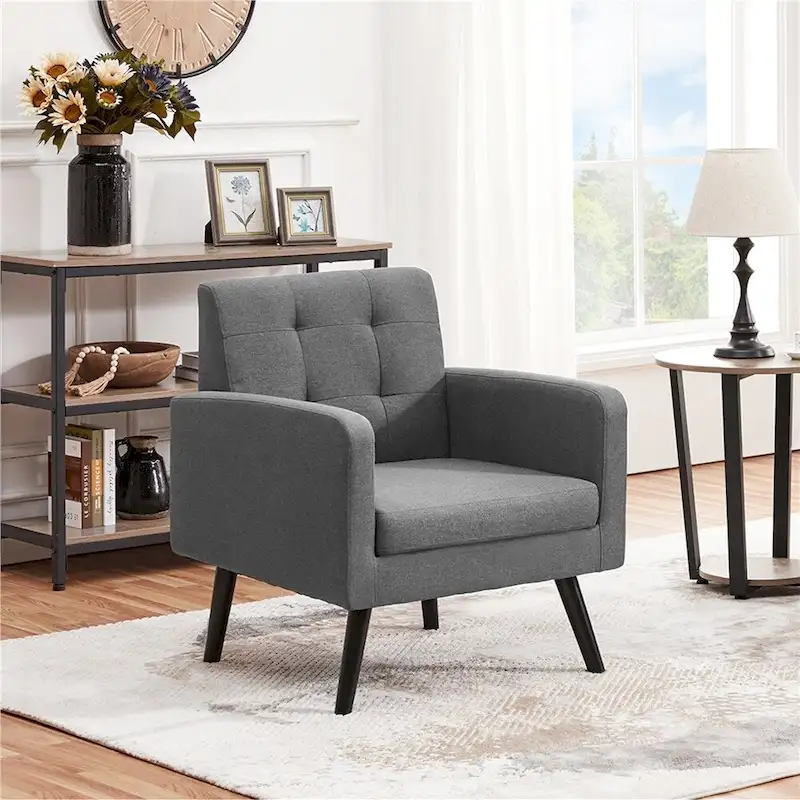 Yaheetech Mid Century Modern Fabric Arm Chair Tufted Accent Chair with Rubber Wooden Leg