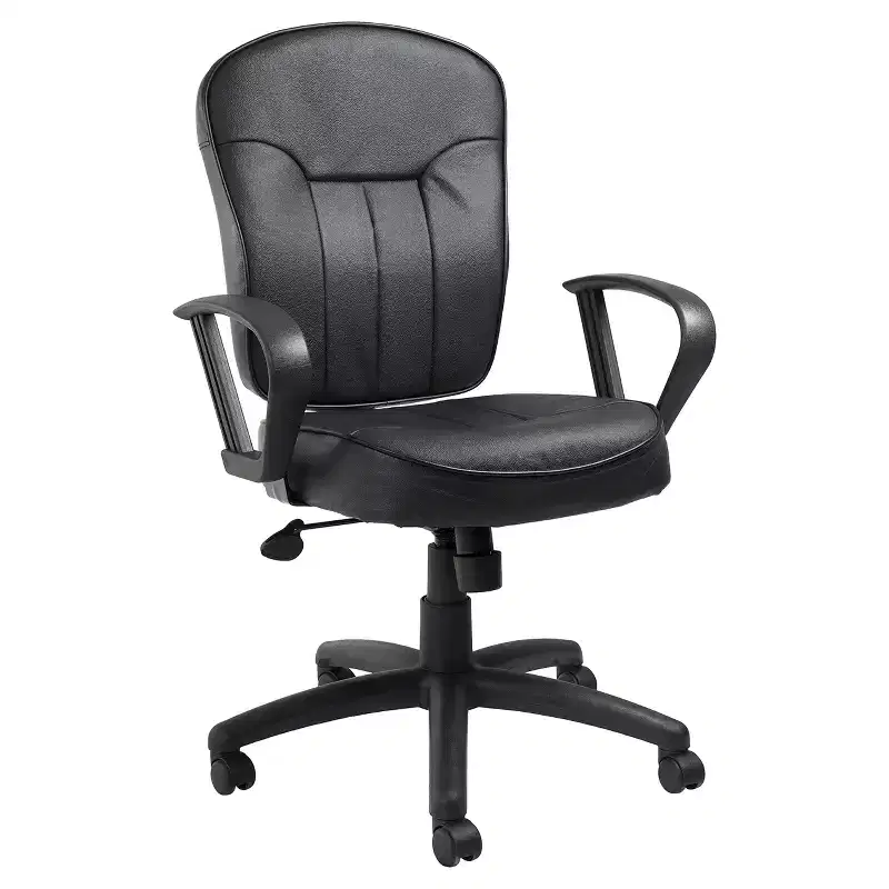 Leather Task Chair with Loop Arms Black - Boss Office Products: Swivel, Upholstered, Nylon Base, 275 lb Capacity