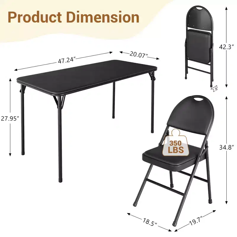 Folding Table and Chairs Set of 5, Rectangular Foldable Card Table Padded Tabletop, Folding Chairs 4 Pack Upholstery Cushion and Back, Metal Frame