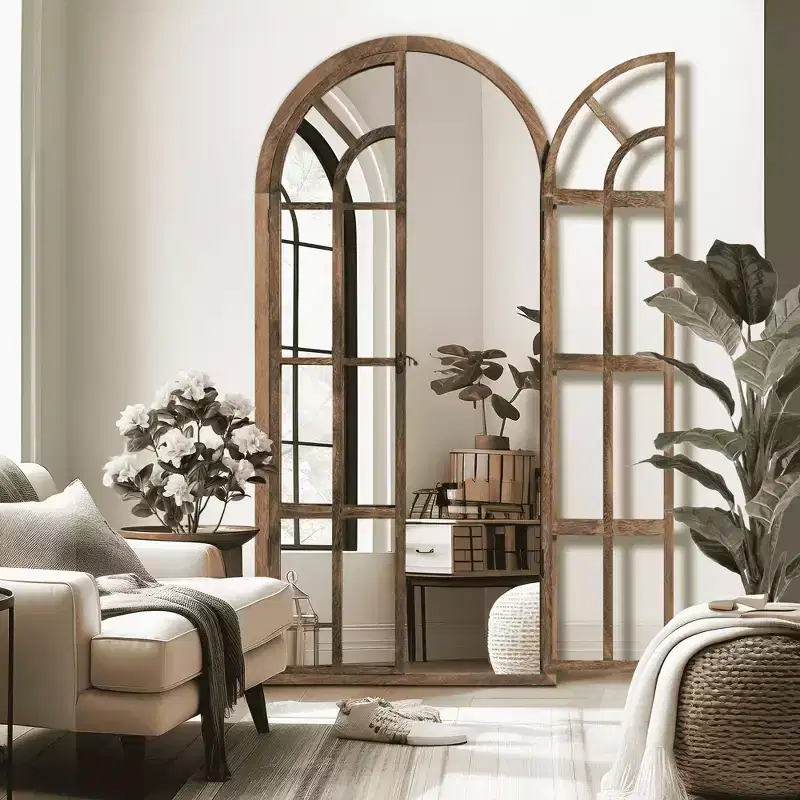 Full-Length Wall Mirror, Solid Wood Grid Arch Design, Openable, No Stand