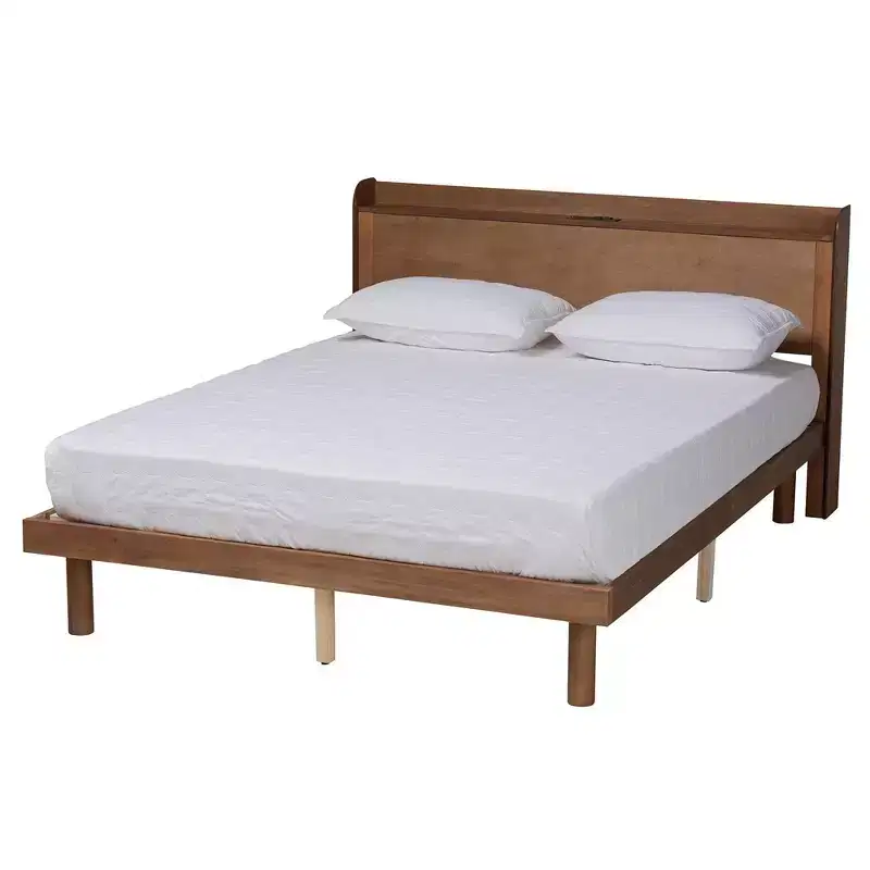 Decker Wood Platform Bed with Charging Station Walnut Brown - Baxton Studio