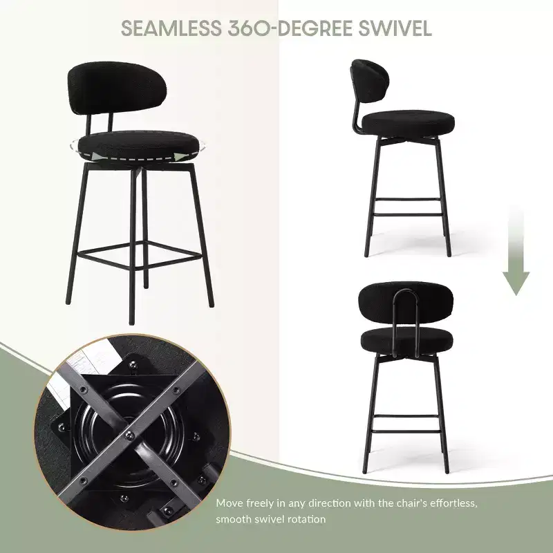 Modern Upholstered Faux Shearling Fabric Counter Height Bar Stools with Back (Set of 2