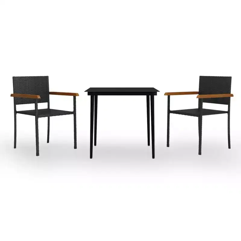 vidaXL 3 Piece Black Patio Dining Set with PE Rattan Chairs and Glass Tabletop, Outdoor Garden Furniture Set with Sturdy Powder-Coated Steel Frames