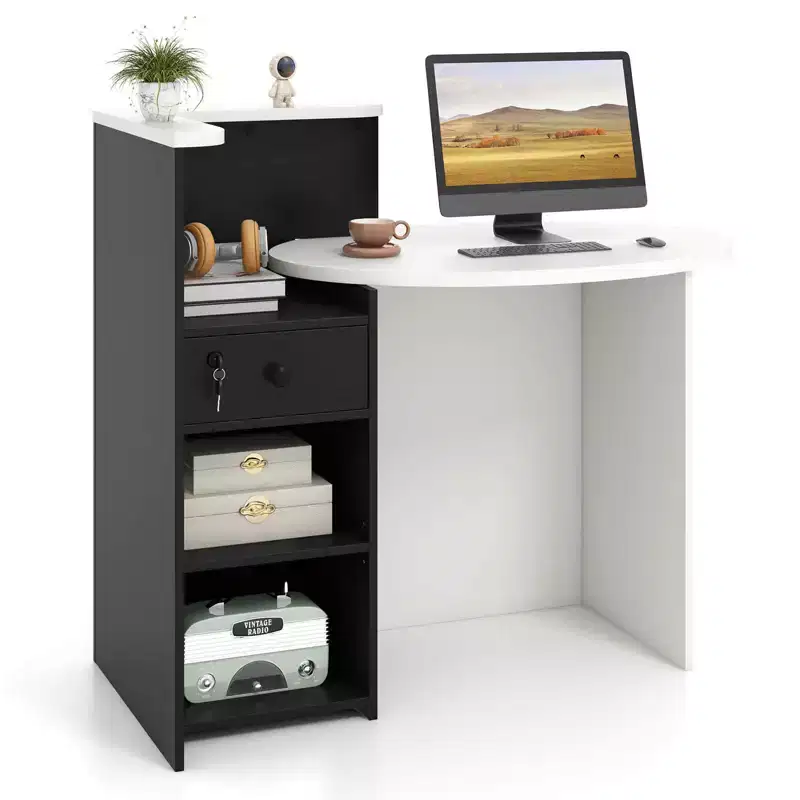 Costway Front Reception Counter Desk Checkout Office Desk with Open Shelf & Lockable Drawer White/Brown/Black