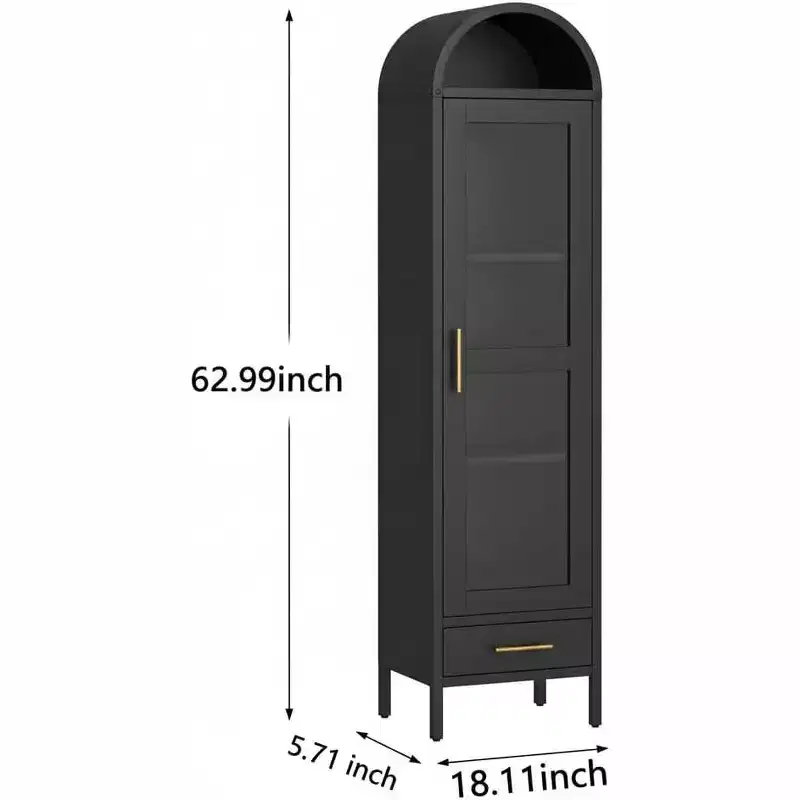 Black Arched Metal Cabinet, Glass Door & Drawer, 1-Person