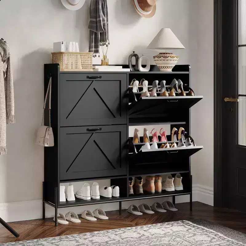 Shoe Cabinet with 4 Flip-Up Drawers Hidden Shoe Storage Cabinet with Open Storage for Entryway Hallway Bedroom Shoe Organizer Cabinet