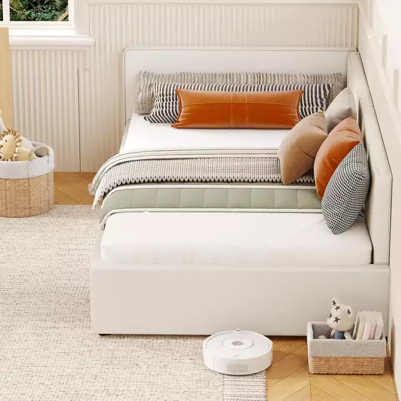 Acekool Twin Daybed with Storage Drawers, Velvet Upholstered Corner Bed Frame with Rails, Light Grey or Beige