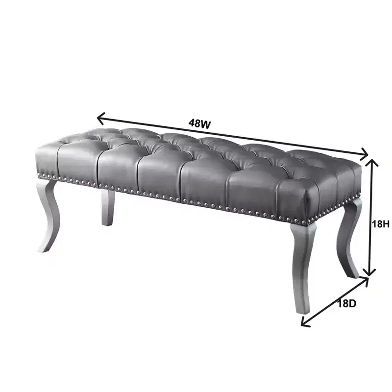 Tufted Faux Leather Ottoman Bench – Champagne, Nailhead Trim, Hardwood Frame, 48 in