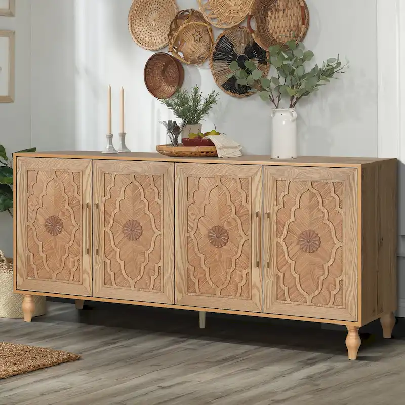 Carved Flower Door Large Storage Cabinet Sideboard Buffet