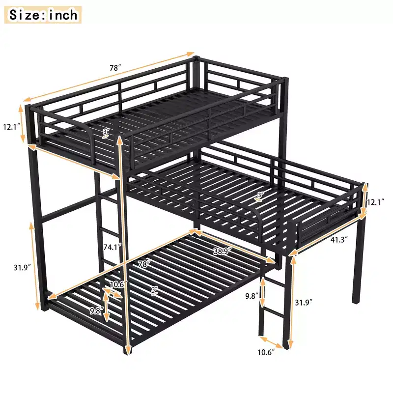 Metal Bunk Bed for 3, L-Shaped Twin Size Triple Bunk Bed Frame for Kids Teens Adults, Black