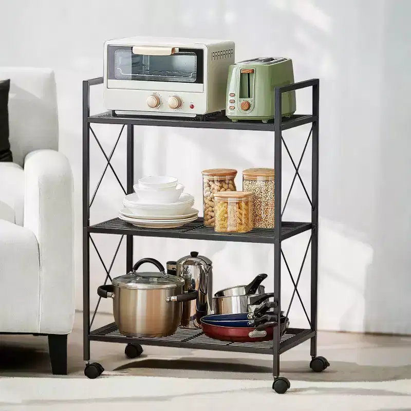 3-Tier Metal Storage Rack with Wheels, Storage Organizer, Plant Stand, Mesh Shelving and X Side Frames, 23.6-Inch Width, for Entryway
