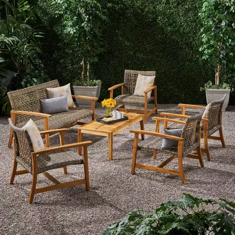 GDFStudio Savannah Outdoor Acacia Wood and Wicker 6 Seater Loveseat and Club Chair Chat Set