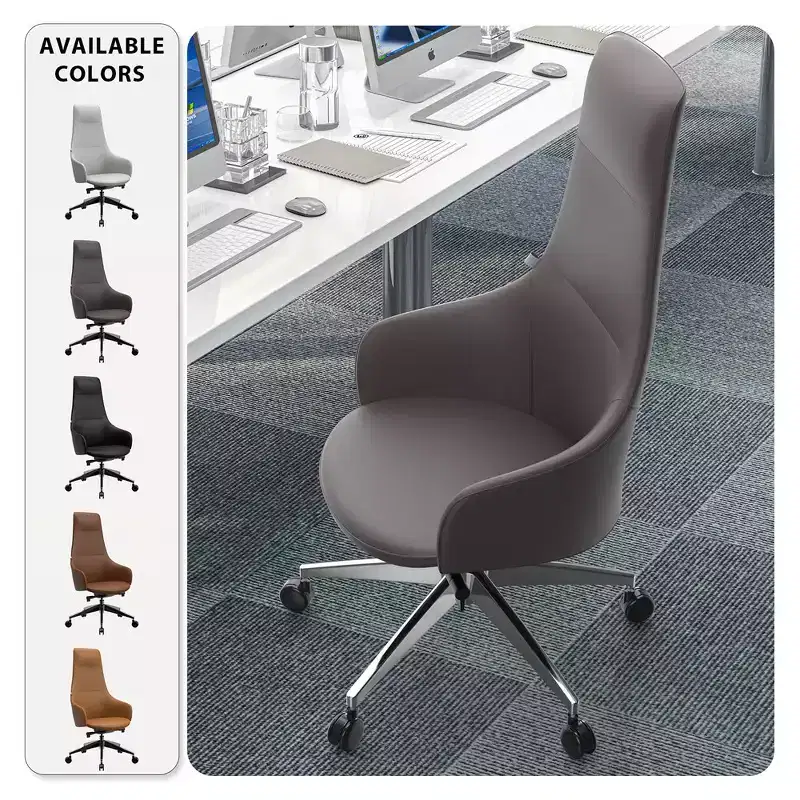 LeisureMod Celeste High-Back Leather Office Chair with Headrest - Modern Iron Frame Swivel & Tilt Executive Desk Chair