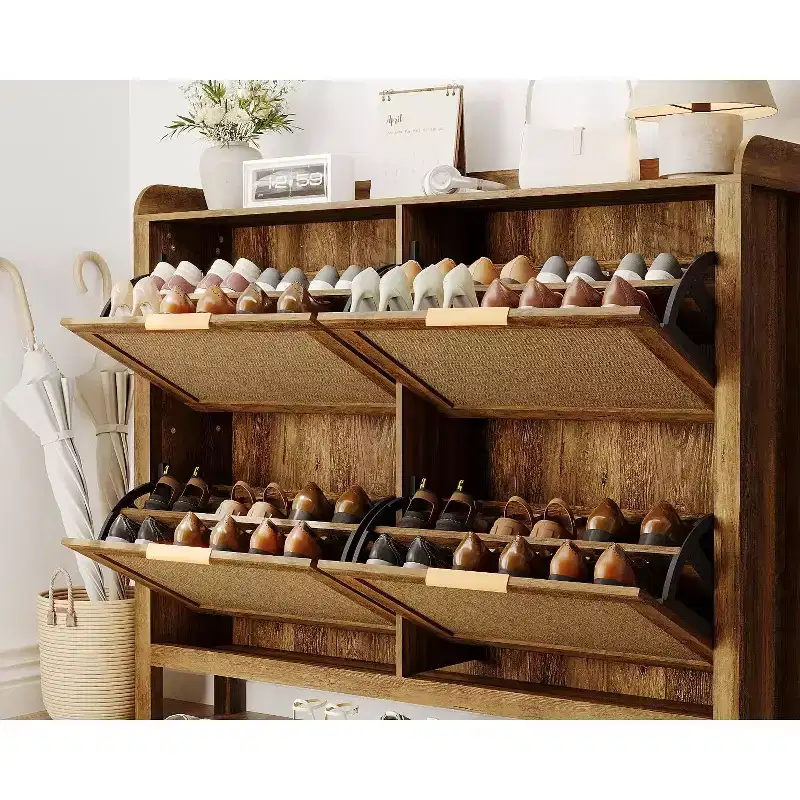 Farmhouse-style rattan shoe cabinet, 47-inch shoe rack with 4 flip-top drawers, freestanding narrow shoe rack with concealed gold handles and shelves