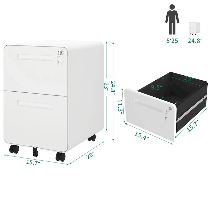 Black/White 2-Drawer Rolling Locking Steel File Cabinet for 1 Person
