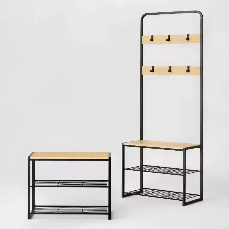 3 Tier Entry Bench with Hooks Black Metal with Natural Wood - Brightroom™