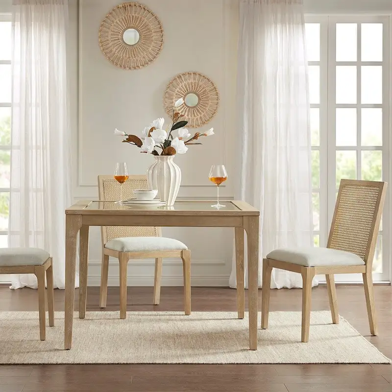 Rattan Hollow Backrest Upholstered Dining Chair Side Chair Set of 2