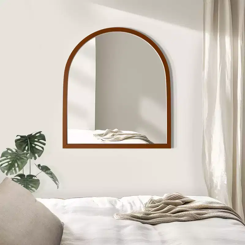 Solid Wood Straight Edge Right Angle Arch Walnut Color Hanging Mirror - 90x80x2 cm (Double-sided Mounting)