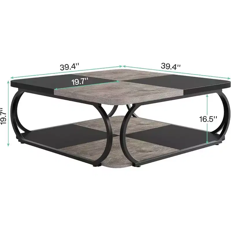 39-Inch Coffee Table with Open Storage Shelf, Large Wood Square Low Center Table for Living Room, Home Office, Black Rustic Grey