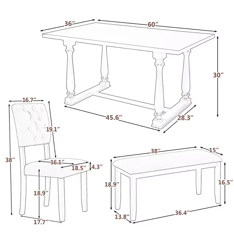 Dining Table Set for 6 with Bench Rectangular Table and 4 Upholstered Chairs for Kitchen