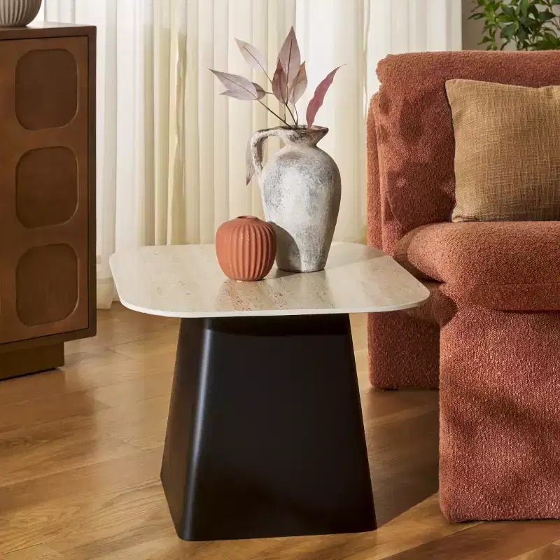 Fedo Modern Porcelain Side Table – Beige & Black Iron Frame, 19.7