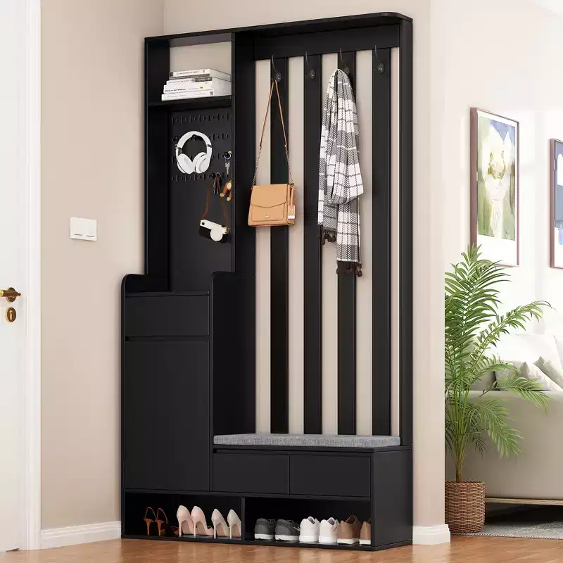 CLIHOME Contemporary Hall Tree Storage with Cushioned Storage Bench, Multifunctional Hallway Shoe Cabinet with Pegboard & 4 Hooks