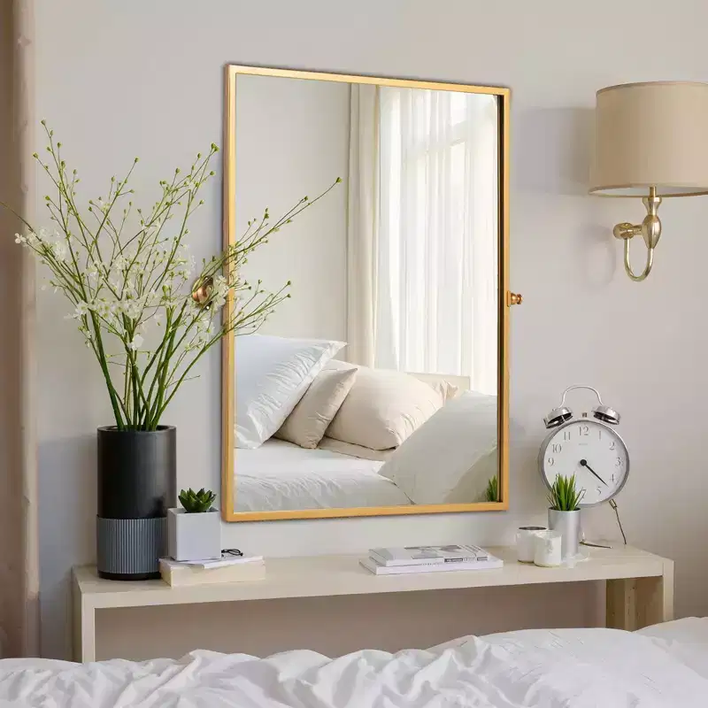Iron Right Angled Rectangular Rotating Hardware Hanging Mirror in Gold 96x66x2.5cm