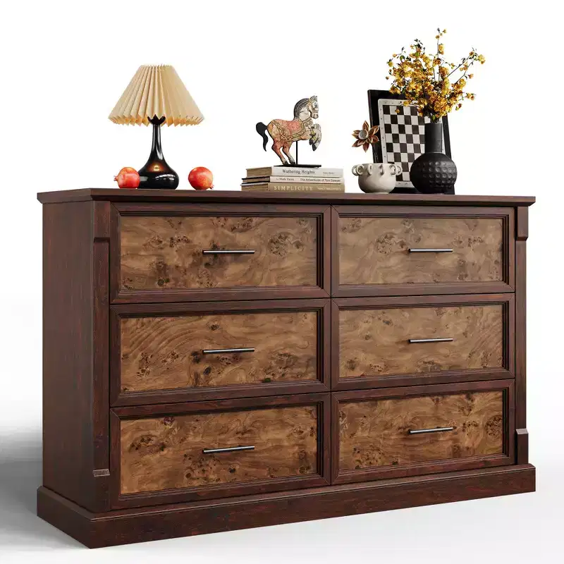 6-Drawer Bedroom Dresser, Rustic Style Large Double-Tier Chest with Metal Handles Wooden Living Room & Hallway Cabinet