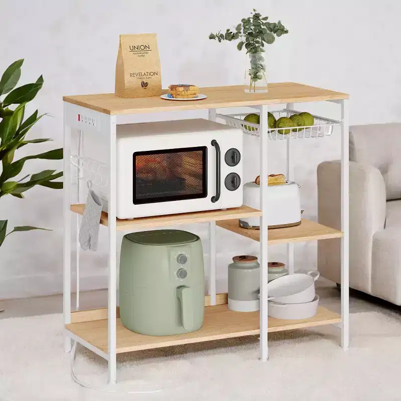 Baker's Rack Coffee Bar Stand with Charging Station, Pull-Out Wire Basket & Adjustable Shelves, 400 lbs