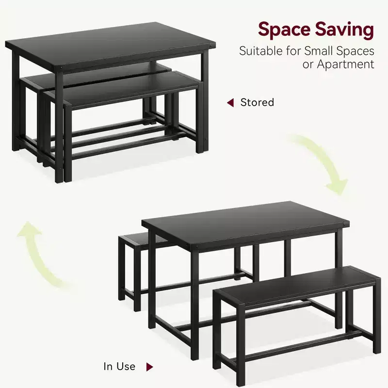 3-Piece Dining Table Set for 4 with 2 Benches, Kitchen Table with Corner Protectors, H-Shaped Frame, Compact for Apartments & Small Spaces