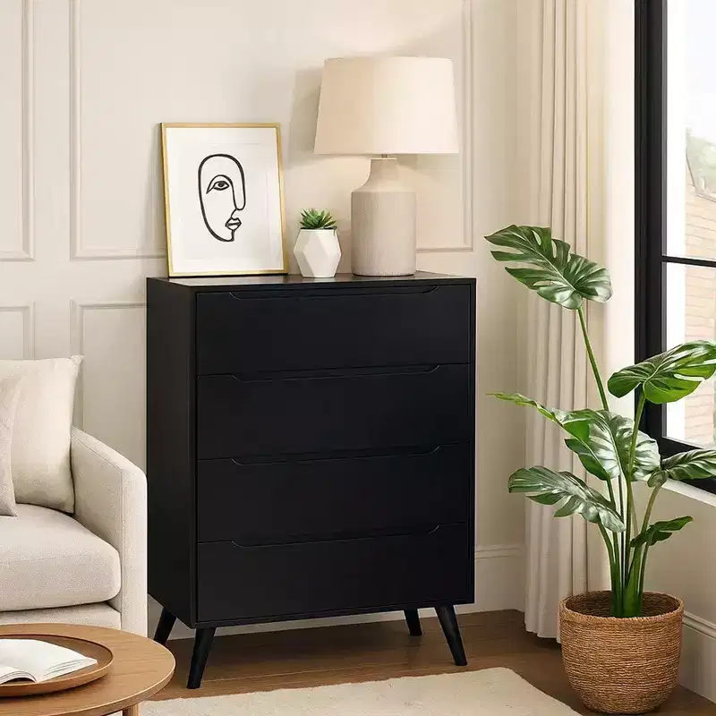 Royal Hampton 4 Drawer Wooden Chest With Round Tapered Legs, Black